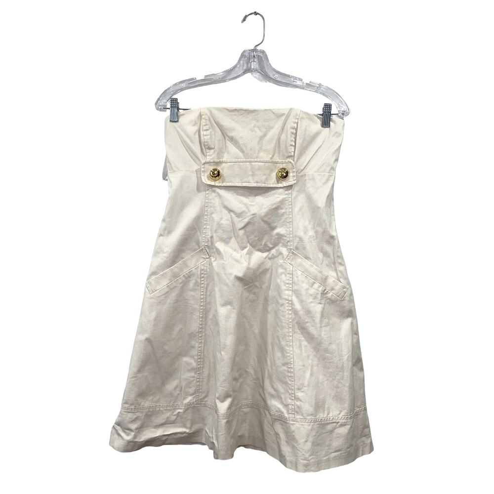 Shoshanna Ivory Gold Shimmer Strapless Dress with Gold Button Details - Size 8